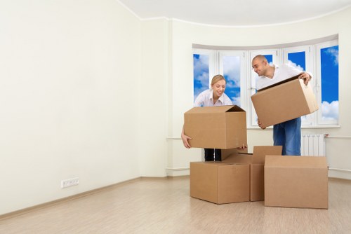 Professional movers transporting boxes in Merton