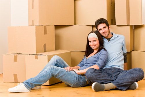 Room-by-room packing setup with labelled boxes in Merton